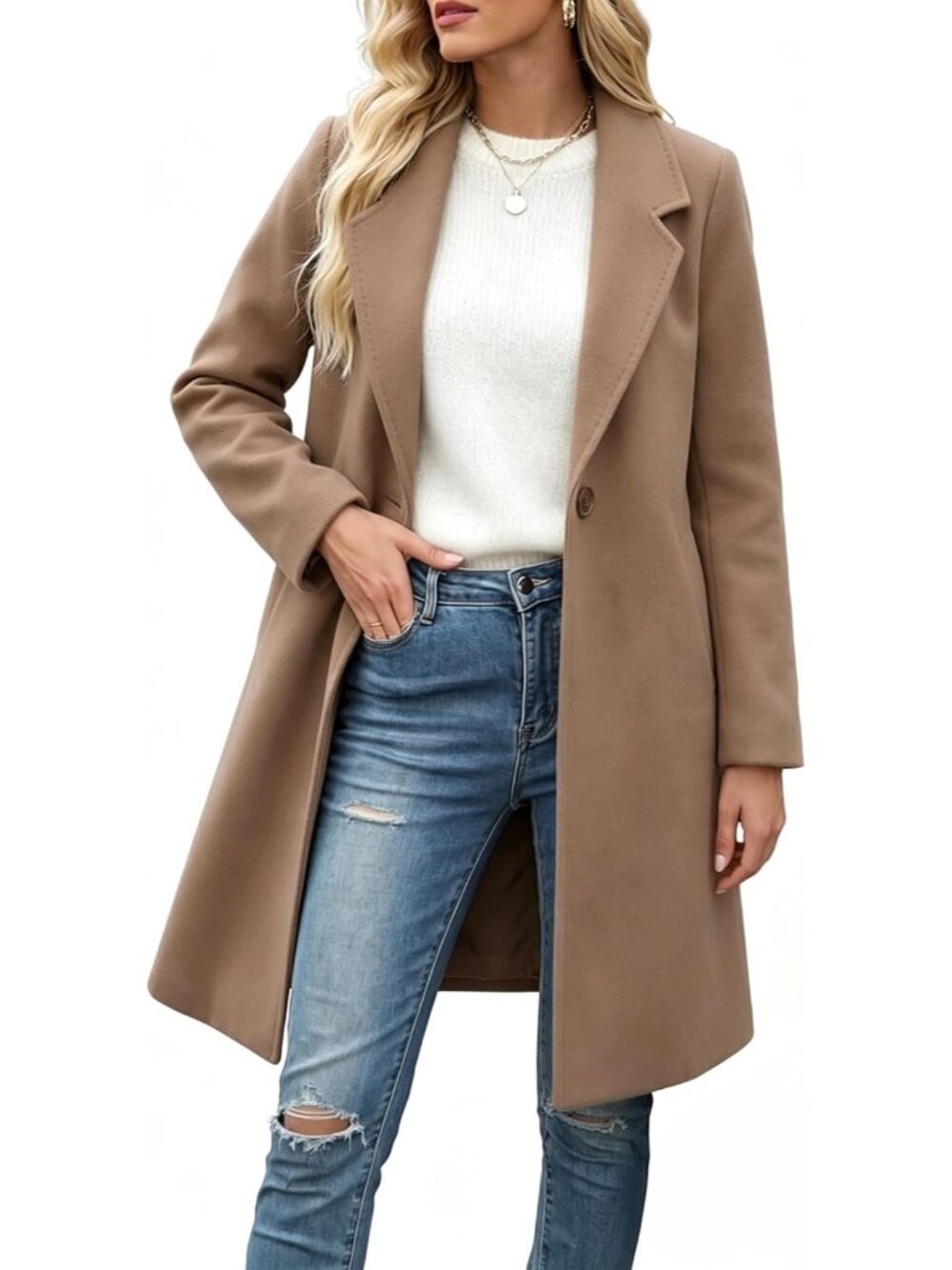 Women's Caramel Chic Wool Blend Mid-Long Notch Double-Breasted Trench Pea Coat
